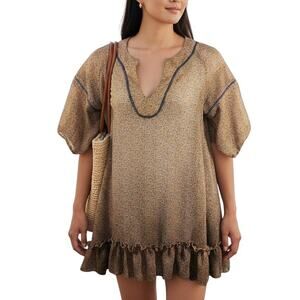 Patterson J. Kincaid Boho Sheer Tunic Dress Tan Pebble Stone Jeweled Ruffle Hem